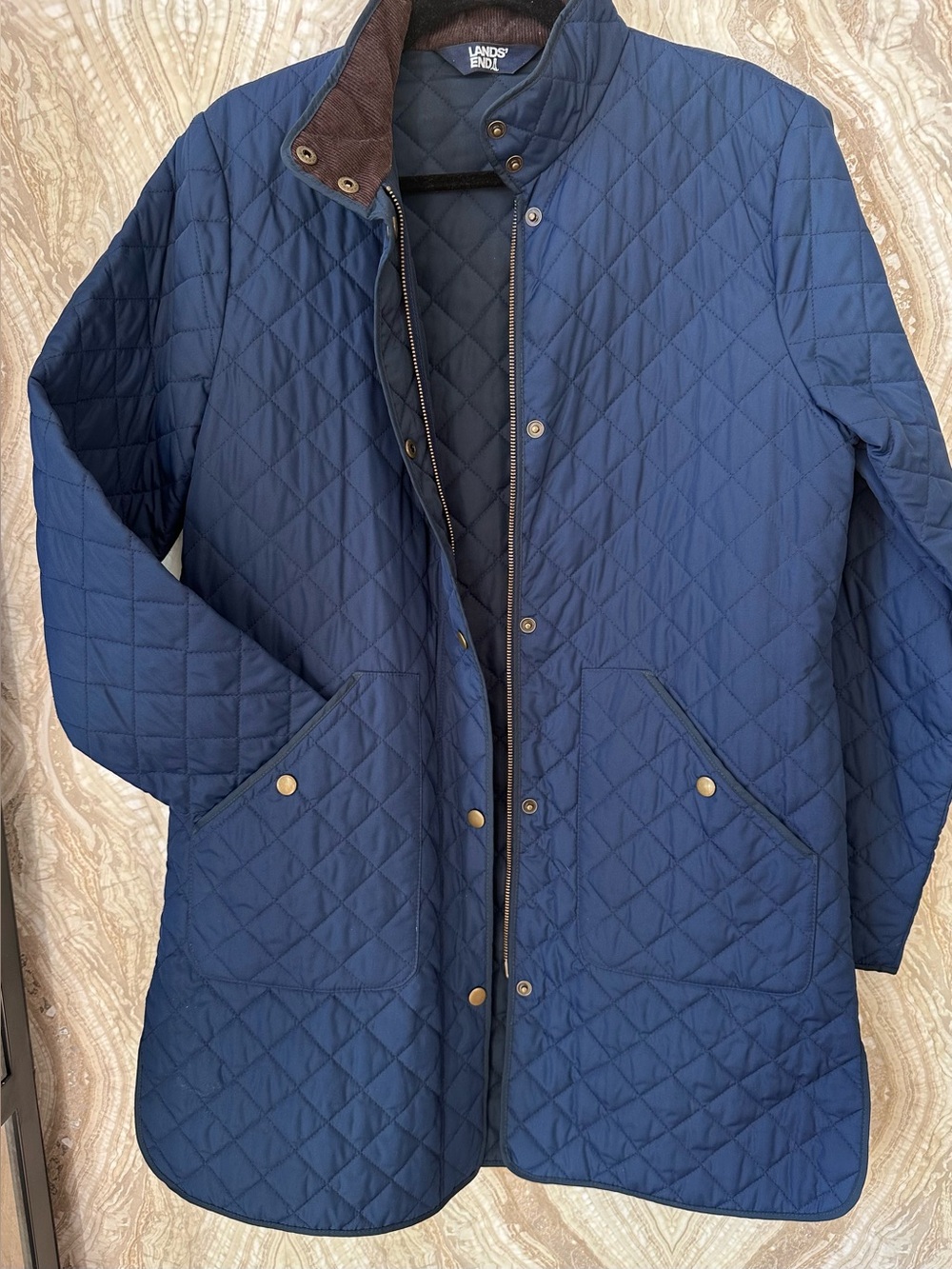 LANDS’ END womens M 10-12 Quilted Long Barn JACKET COAT Navy Blue Equestrian